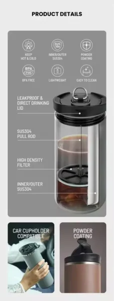 Termo Cafetera Prensa Francesa – Café Portátil y Mantiene la Temperatura